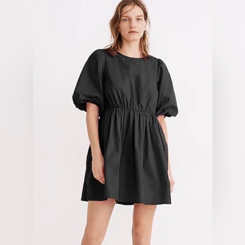 Madewell Poplin Crewneck Bubble-Sleeve Mini Dress in True Black Size 0